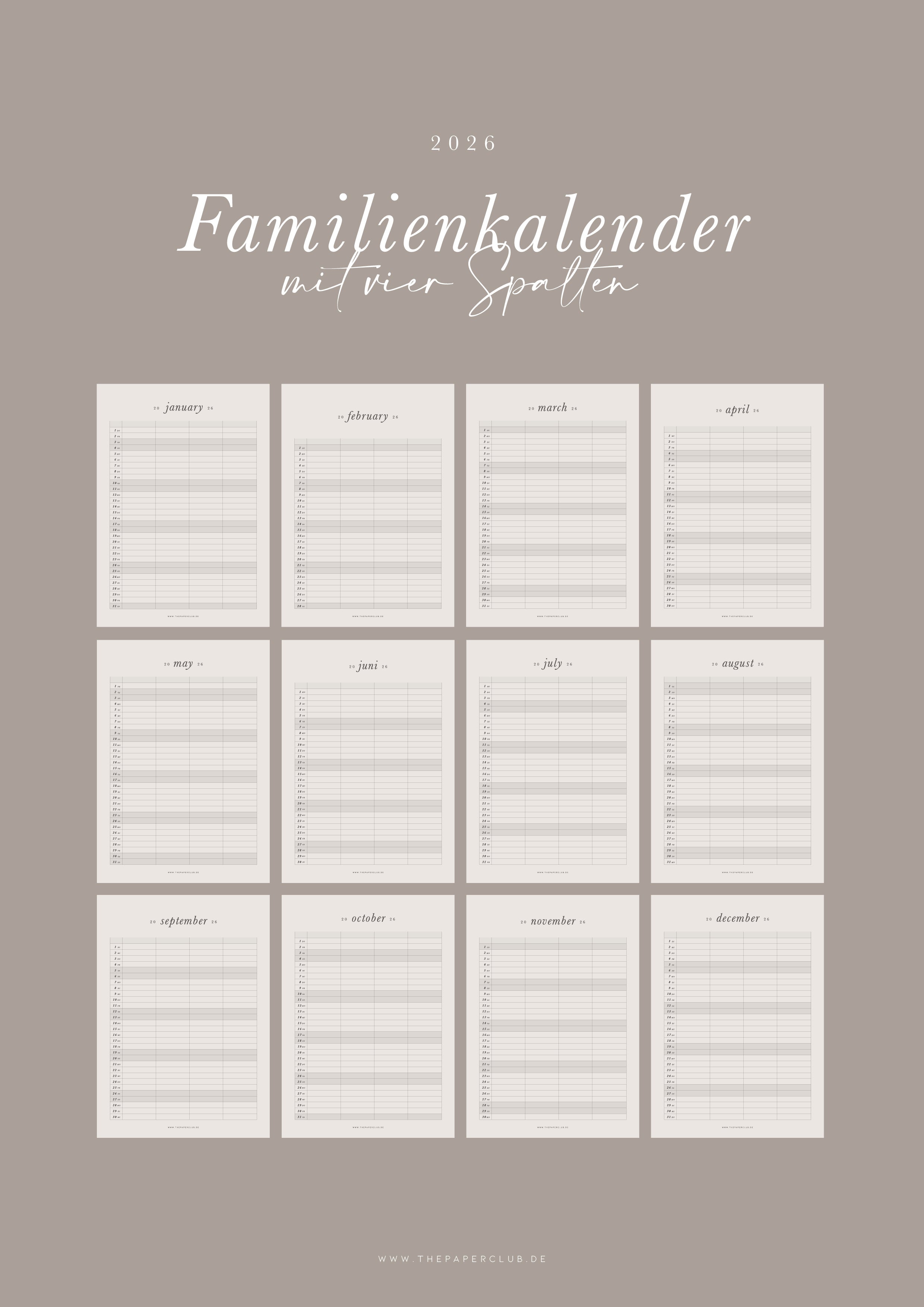Familienkalender 2026 | DIN A4 | 4 Spalten